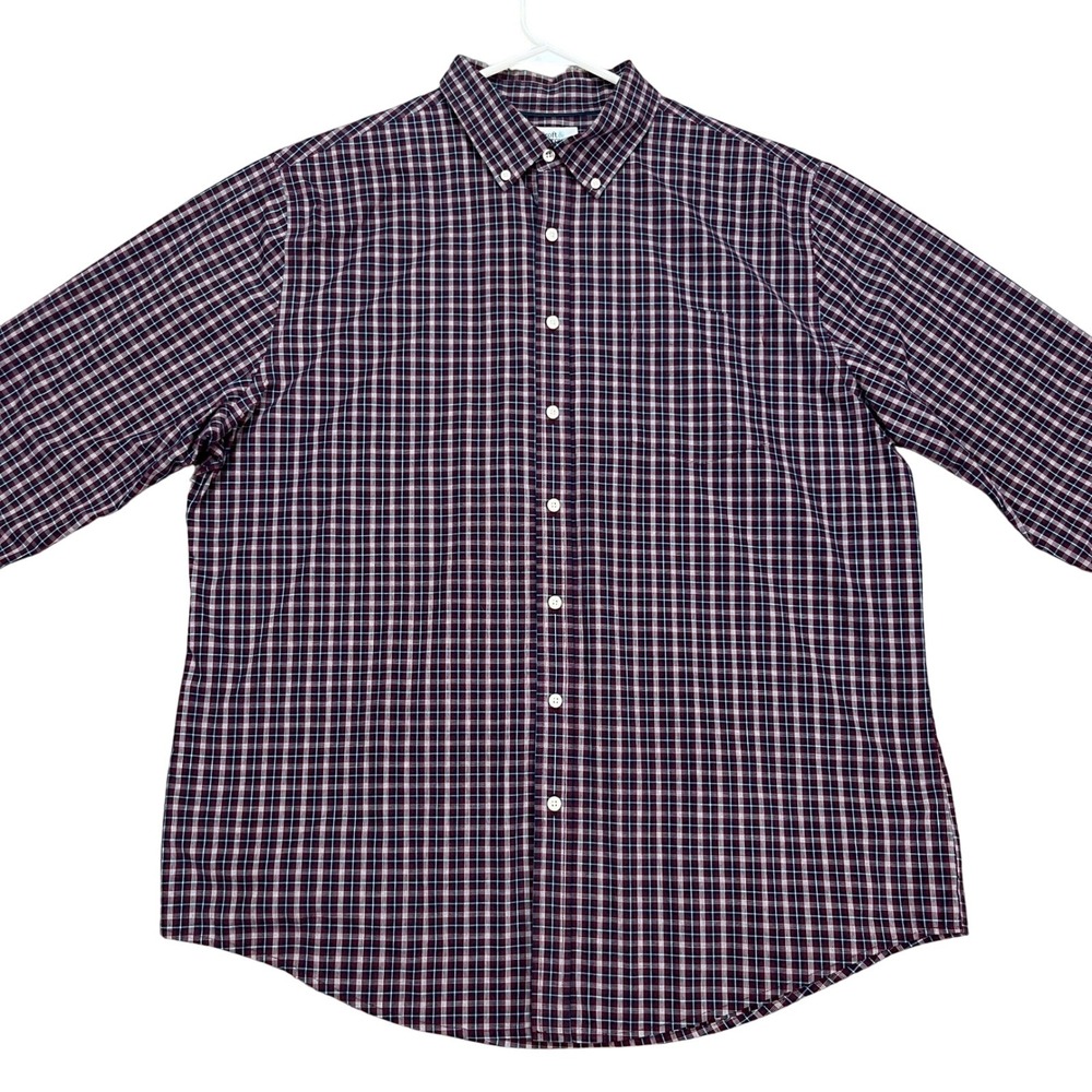 Croft Barrow Shirt Mens XL Red Blue Plaid Easy Care Button Down Pocket EUC